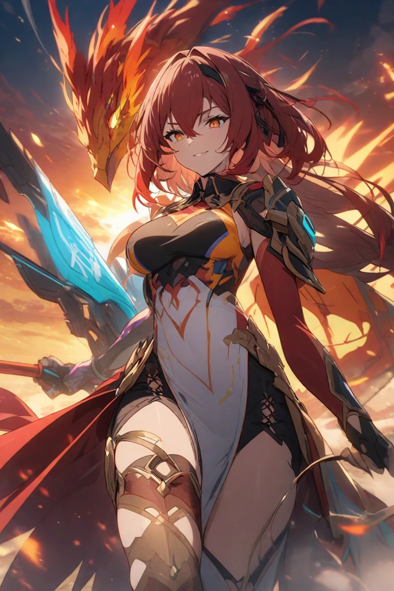 1 girl, Kiana, is a fiery and fierce warrior, known for her striking appearance and unmatched combat skills. She is often surrounded by a fiery aura, reflecting her inner intensity and passion. With her trusty sword and shield, she charges into battle, leaving a trail of flames in her wake. As a guardian of the realm, she wields the power of flame and light, illuminating the path for those she protects. Though her fierce exterior may intimidate, her kind heart and unyielding dedication to justice inspire loyalty and respect from her allies.
