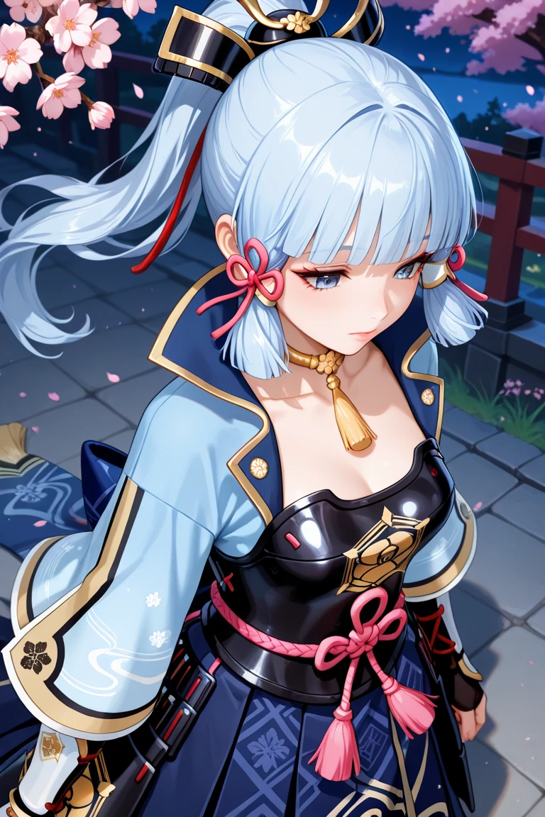 ((masterpiece)),(bestquality),((ultra-detailed)), ((beautiful detailed sky)), ((cinematic lighting)), depth of field, (dynamic angle),detailed lighting,((beautiful detailed eyes)), (night sky view), red lip, eyeshadow,large breast, cleavage, ((wearing tiny dress, off shoulders, bare hips)), ((kamisatoayakadef))