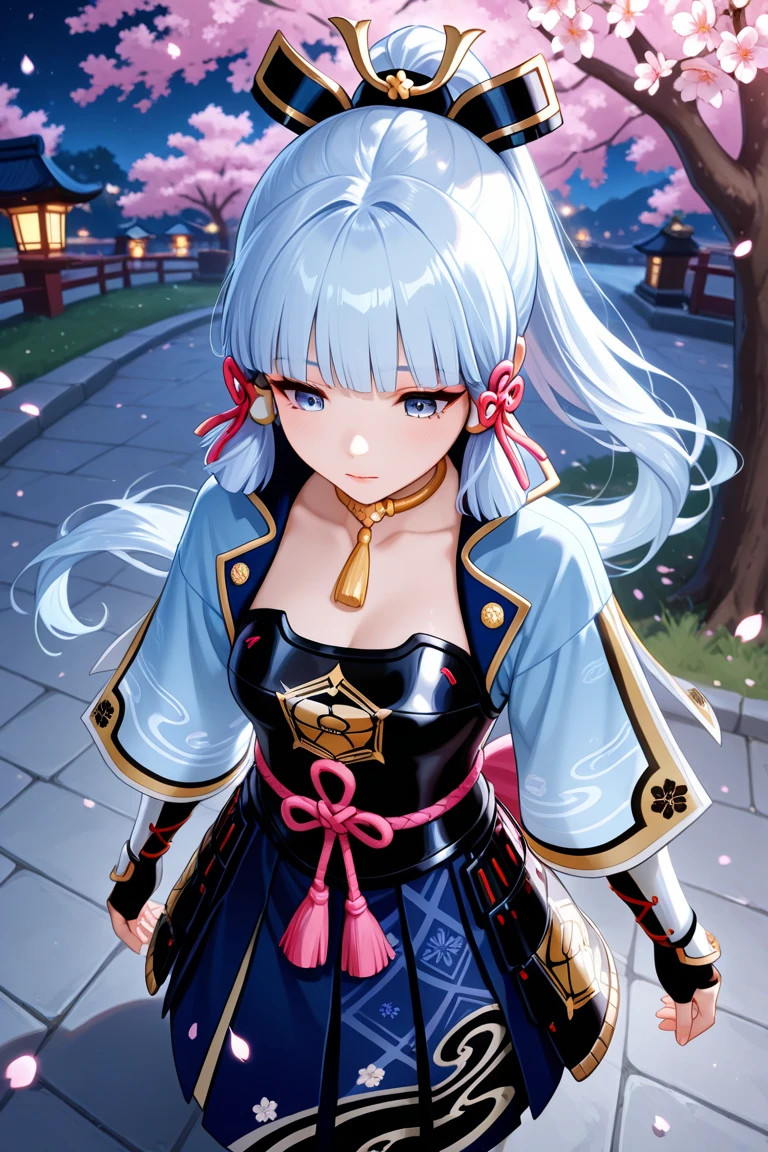 (masutepiece, of the highest quality, Best Quality, Official art, Beautiful and aesthetic:1.2), Extremely detailed,(Colorful:1.1),highest details, one arafed woman with braids white hair and pink tips and purple eyes, big breast, sfw, japanese armor, night, big blue moon, japanese temple