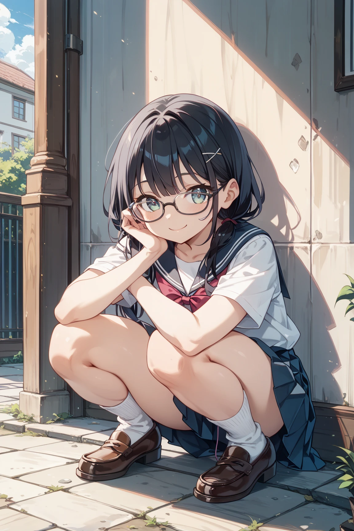 Squats and,,Slanted Eyes,Baby Face,Round face,Thick eyebrows,Short Pigtails,Blunt bangs,Black Hair,Glasses,Brown eyes,Residential Park,positive,Very thin thighs,to you,A shy smile,A sunny day during the rainy season,A lot of hydrangea flowers,sneakers, Flower-like scent, Playing with cats,(Panty shot:1),(Child Temptation:1)