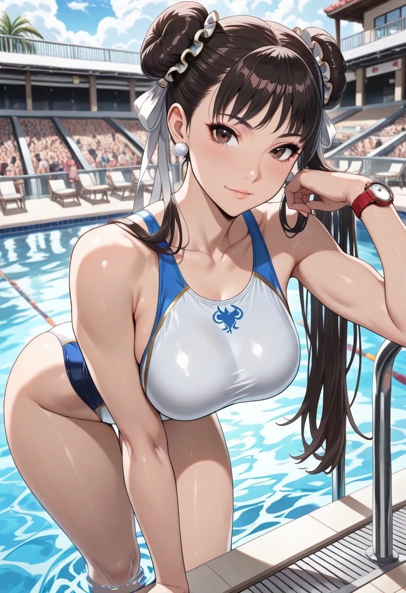 all intricate details: "an athletic girl with a perfect body, cute, symmetrical face, Olympics, Olympic pool, swimming competition, in starting position 1 meter freestyle, wearing the number "1126" in the competition swimsuit, random tv "angle"