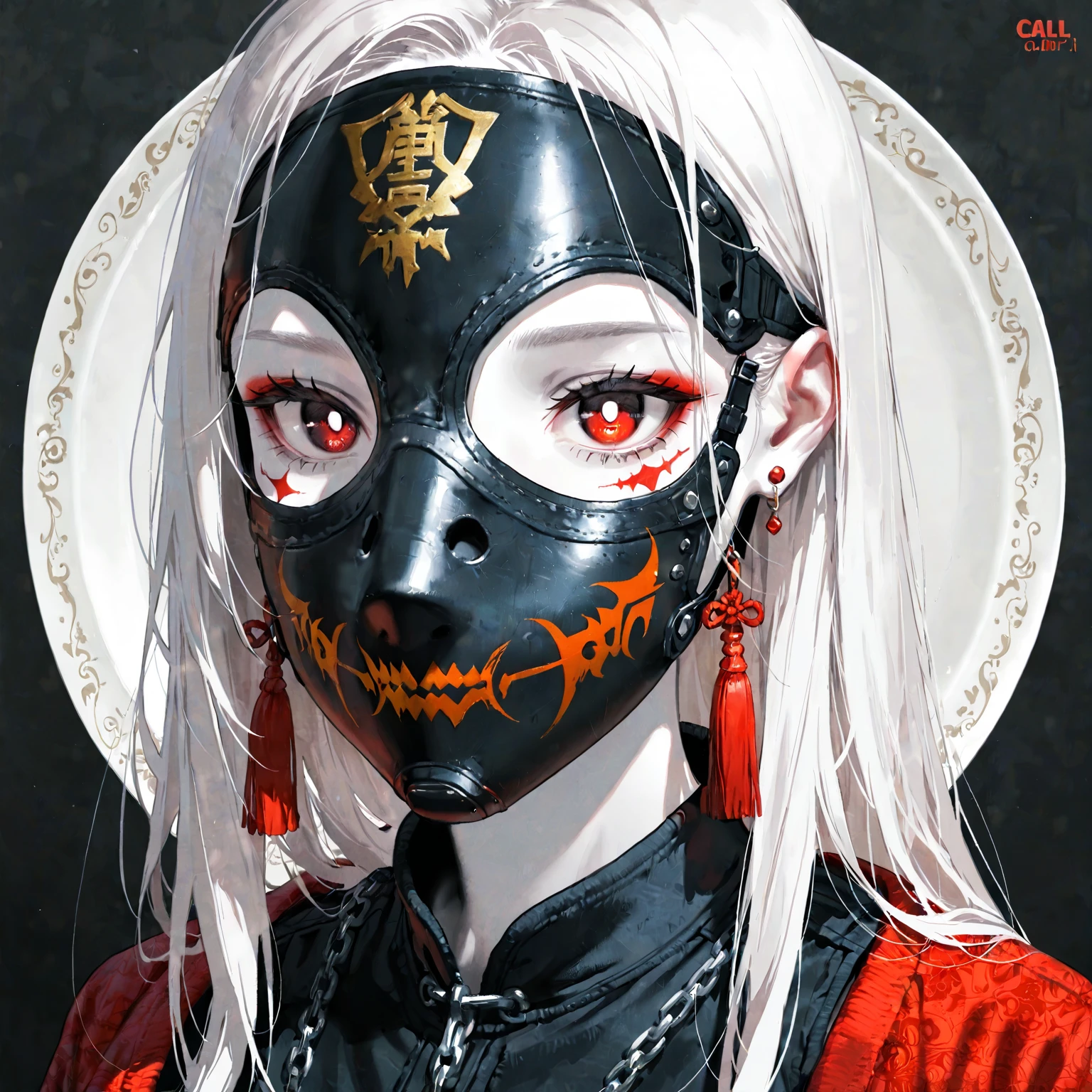 Crimson and black ink painting, perfect face, gothic, solo 1girl, bondage outfit, solo, spikes, spiked collar, black flower, whip, collar, hair ornament, long white hair, (white hair) red heart, thigh highs, huge breasts, bdsm bikini, bondage straps , gloves, holding whip, monochrome, (mouth mask:1.5), looking at viewer, navel, DO-S from manga "one punch man”, medium shot, art by Yusuke Murata, manga style, (embedding:art,rfktr_bwmnga1.4)