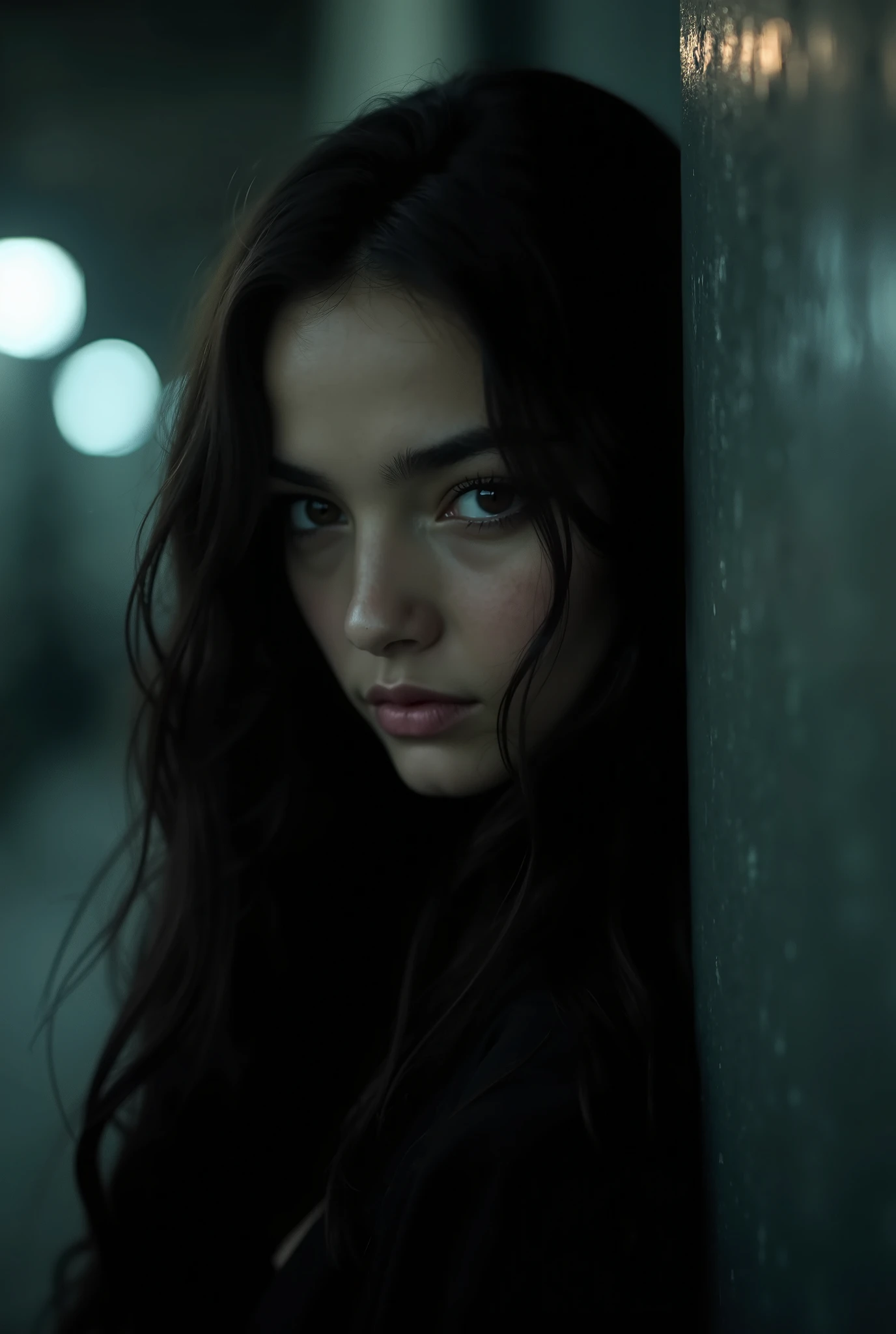 A female Spider-Man with long black hair wearing a grey sweater, hoodie and face paint holding two big webs in her hands, in the style of Spider-Man suit, dark background, hyper realistic photography. --ar 9:16 --v 6
