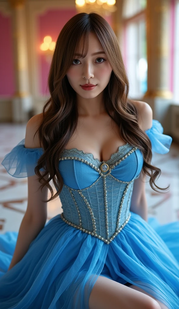 masterpiece,best quality,ultra detailed,highres,high-resolution,4K,realistic,RAW photo,((real person))、Reincarnation in Another World、The medieval worldview、noble、Dance、daughter、悪役daughter、Blonde、Blue Eye、Vertically wound roll、Inside the palace、Cleavage、Beautiful décolleté、Gorgeous dress、corset、race、Great Hall、（petticoat）、Ballroom dancing