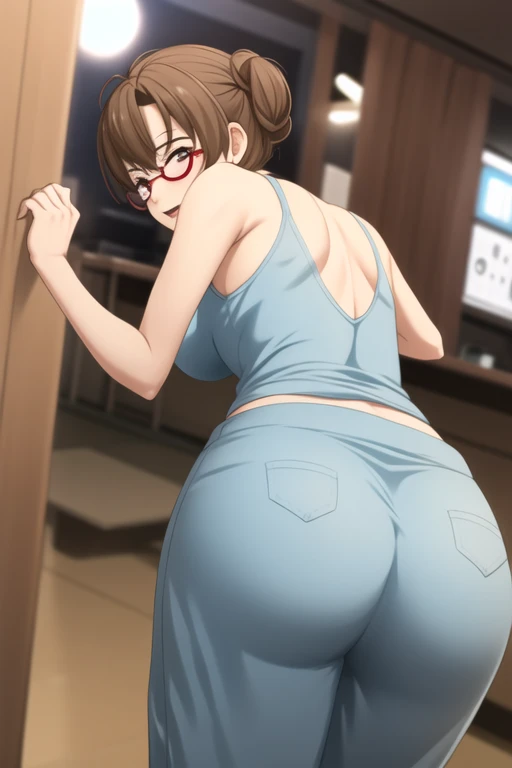 ((1girl)),((single)),nobara kugisaki,(masterpiece), (best quality), (ultra detailed), (best illustration), (best shadow), (absurdities), sharp focus, cowboy shot , looking at the viewer, dynamic posture, 18 years old, short hair, orange hair, brown eyes, mole below the outer edge of the eye, large breasts, narrow waist, wide hips, wide thighs, round butt, cleavage, (dark blue lingerie :1.2), navel, 1-piece lingerie, black pantyhose, (sexy pose:1.2), standing, interior, room, bedroom, window, night, moon, city lights, looking back, from behind, (( focus on ass), pov (from below), red blush, brown background, micro panties, perfect anatomy, perfect hands