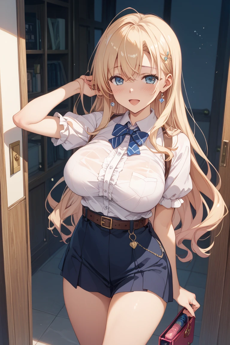 The highest masterpiece、high resolution, Large Breasts, Voluminous, messy, light hair, masterpiece , HD, Head to Chest, Hold in chest、 tooth、Double teeth、Thick thighs、Grinning、Knitted sports bra、Open your mouth、Big Breasts、、Hold in chest、Tie pants