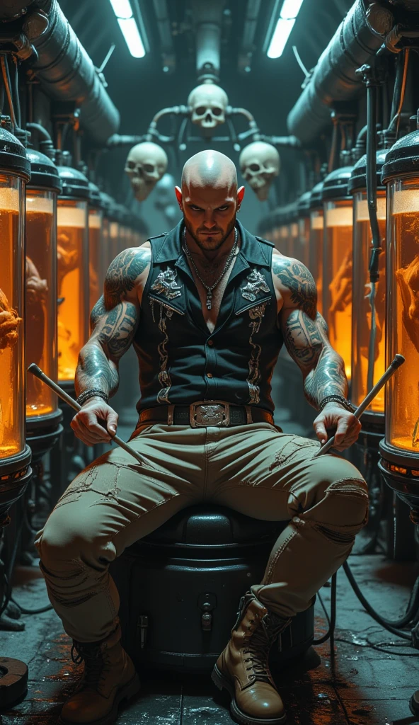 In the background, above, near the ceiling at a very far distance from the subject, there is a giant spider resting in its web looking at the man, one person, 1 man, photorealistic portrait of a character including a full body image, huge physique and muscular, handsome, very tall, bald, shaves his head, American. pale skin, white skin, distant shot, naked man dressed in Arabian Nights costume, huge thighs, muscular chest and shoulders, elaborate kimono style skirt, blue red gold swimsuits, magical symbol woven with gold thread on His clothes, action hero, intricate and detailed drawing. In the background, near the ceiling, there is a giant spider resting in its web looking at the man, the setting is gloomy and castle-like.