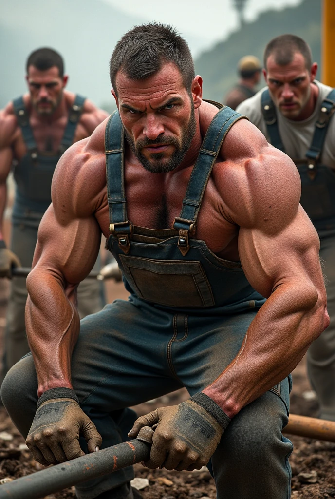 older men sweat bodybuilder . black leather janitor clothing. unhinged romatical.beatful .tall.giant bodybuilder. whorms eye view. standing.short hair wild ginger. green eyes goofy. big lips.