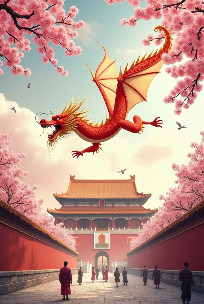 An orange Chinese dragon flying over a temple with cherry trees