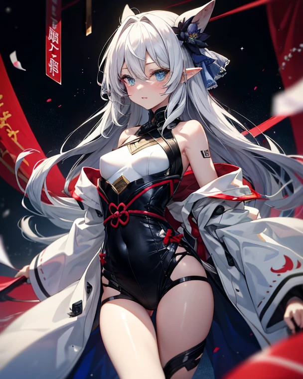 Beautiful illustration、top-quality、cute petit girl、(transform sequence)、magical little girl、((Leotard))、Chibi、white magical girl、Fractal Art、albino、baby-face、long snow-white and red mesh hair,,,,,,,,,、Beautiful detailed red eyes、lighting like a movie、cowboy shot、looking at the viewers、frombelow、Happiness、background is cherryblossoms