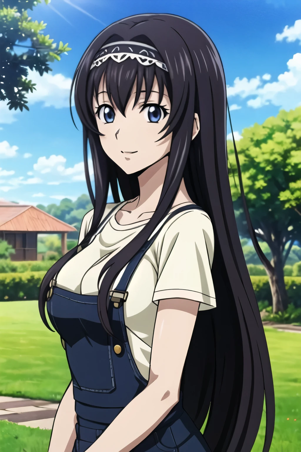 from side, 1 girl with black long hair, hair band, t-shirt, overalls, orange in hand, orange trees, in the orange grove, blue sky, The sun is shining, smile,  (Anime style, masterpiece, best quality , High Resolution , anime color , Anime style, sharp, 8k, realistic), digital animation art!!, anime style, Official Artwork , visual novel CG, 