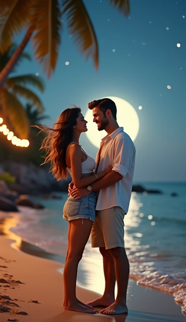 crie uma paissagem linda de uma praia a noite com estrelas realistas e dois namorados andando na areia vendo a lua cheia numa noite chuvosa