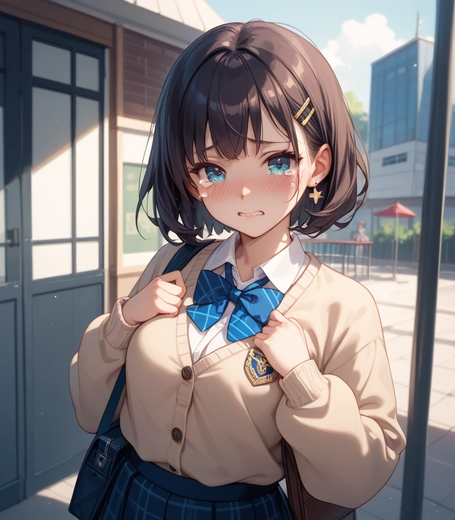 (Very detailed CG Unity 8K wallpaper),(masterpiece), (Highest quality), (Very detailed), (Best illustrations),(Best Shadow), Large Breasts,16 years old,Purple eyes and purple very short hair,,White blouse,Blue tie,Checked mini skirt,beige cardigan,I can see the vibe