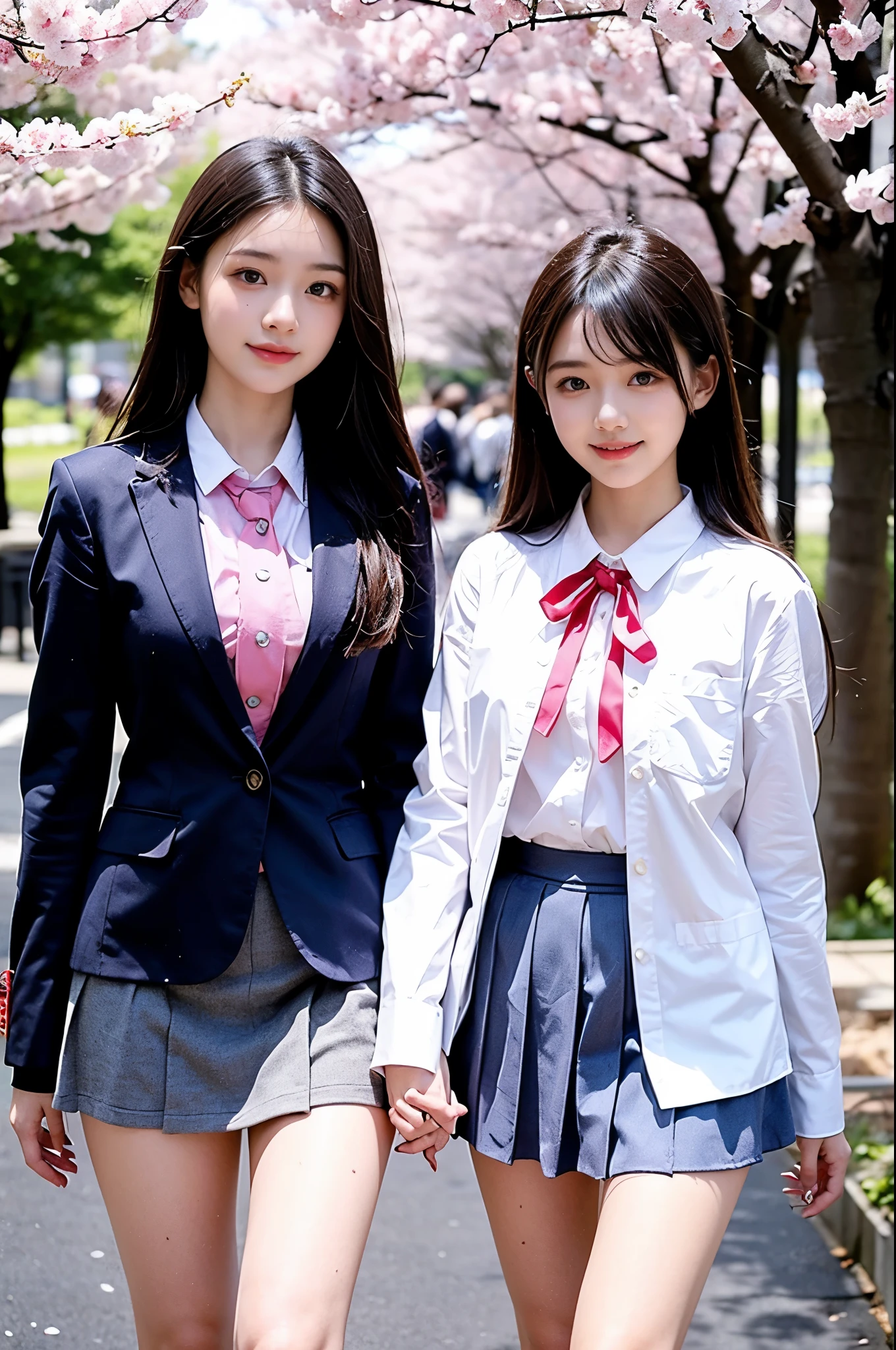 Two girls (18 years old, Japanese pretty face) are wearing high school uniform with mini skirt near cherry blossoms.