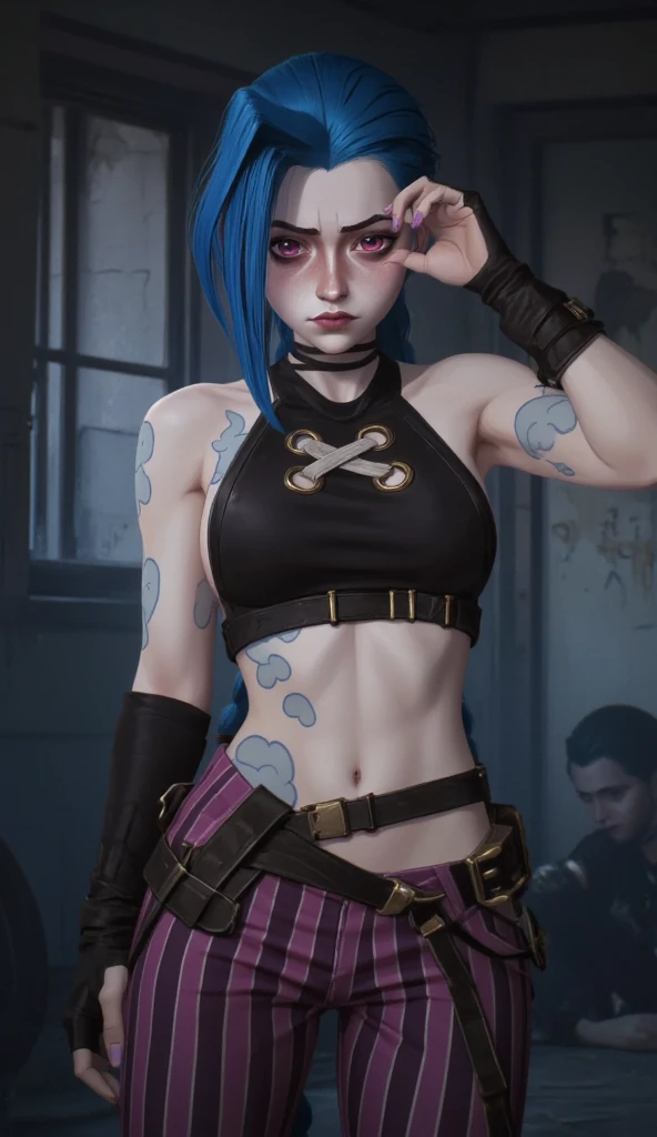 проверять_9 , проверять_8_ up , проверять_7_ up , Jinx , очень уально ,  , facial composition center , woman with blue hair and black top , facing the viewer , голая   , lying on the side ,  ,  ,  , (aerial view:1 . 2 . ) , (( facing the viewer : 1 . 2 . )) , ((   : 1 . 2 . ) , (correct : 1 . 1 . ) , уальная , short Hair , asymmetric bangs , voluminous short hairstyle , current makeup , without tails  , voluminous hair slim figure , black top , tight striped pants ,, red and pink eyes , hair is loose , 1girl , One , long hair , shiny , gradient background ,  dark walls  , dark room , darkness , darkness ,  ruined room ,