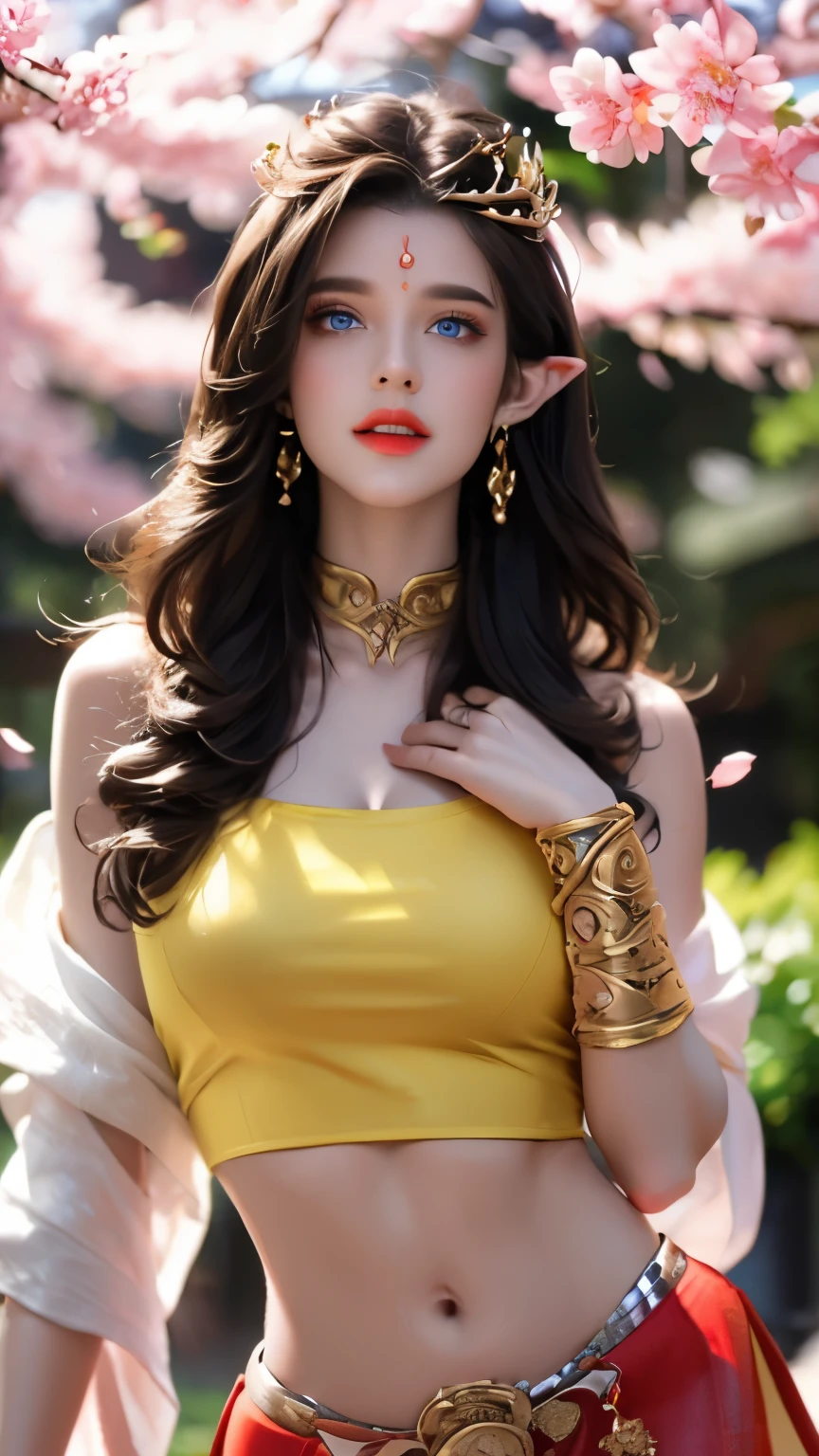 One 20 year old girl, (breast :1.1), navel,upper body,bare shoulders,wears red tube top,red skirt, blue gems,shiny skin,hand in own hair,(mature female),milf, beautiful cai lin, deep blue eyes, detailed eyes, jet black long hair, face symmetry, eye symmetry,8k resolution, high quality.                                                               background: around the garden surrounded by Sakura trees with fluttering sakura petals,         
Image from head to thighs, hourglass figure, bare round shoulders, exposed midriff, a tilak on her forehead,ornamental logo on her forehead, snake crown, necklace, earings with blue gem, long black hair bangs, pointy ears,golden bracelets,Bright lightening under the sun through sakura canopy. High quality 16k resolution,( HDR :1.3), cinematic look, ultra-detailed,ultra lightening, natural lightening,(photorealistic :1.4), long thin straight eyelashes, dense black eyelashes,sharp eyes, diamond shaped head, straight nose, closed heart shaped lips, front view pose looking at viewer, sexy, (intricate details: 1.1), (masterpiece: 1.3)