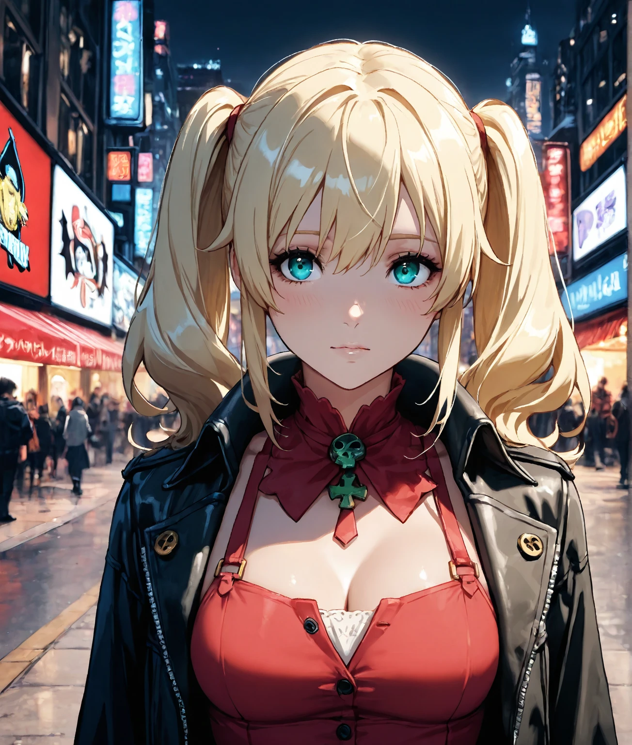 masterpiece, Best quality, (1 girl), (solo) (front facing), (upper body), (smile),(from front), (portrait), (night), (pose for picture), (dystopian city street), (large breast), (cleavage), (long hair),, red costume, black, gloves, dress boots, black gloves, puffy sleeves, black dress),(cyberpunk costume), (blonde hair), (green eyes), feather-trimmed sleeves anime, realistic, masterpiece, (bobcut, bangs), (A2 costume) (cyber_mark), ( facial mark), (cyberpunk suit), (j4nu4ryj0n3s), (demure), (dark room), (neon lights), (cyberpunk room), (widwscreen photo)