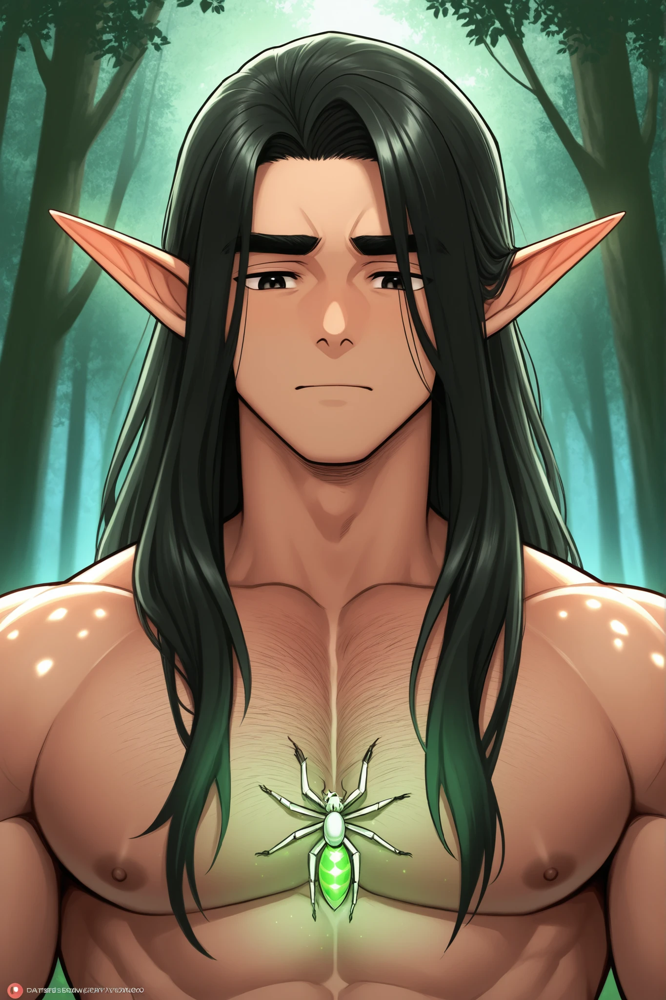 guy; elf; powerful insect and spider magic; elf; black long hair,  black thick eyebrows ; elf-друид, kind, Cute, are gentle, guy; bara; in full height; the forest; elf-друид; молодой male; INFP 4w5; the forest на заднем фоне; elf друид в the forestу; kind; male, guy; in full height; posing game 