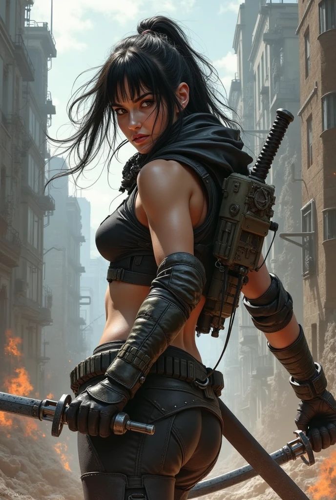 nijistyle, (((female))), (((best quality))), (((masterpiece))), (((adult))), A 35 year old barbarian queen with tiny thong in a post-apocalyptic world, hand with steel gloves and metal tips, (( under boobs )), (( Tiny thong )), quase nua, Simon Bisley style for a Brooklyn Gladiator comic book cover, sultry pose, scantily clad, nearly nude, wrecked outfit black with white vertical stripes, ( best quality), (absurdres), perfect body, sexy scene, colorful mohawk, background with a destroyed city