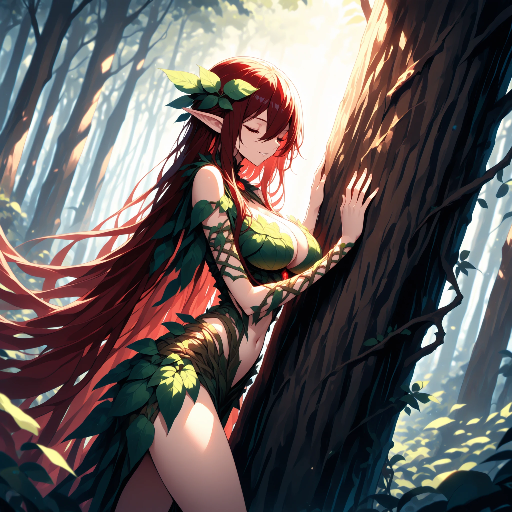 1girl, solo, elf, druid, from side, dark red hair, absurdly long hair, hand against tree, eyes closed, leaf armor, navel, thighs, light smile, parted lips, hair between eyes, cleavage, detailed face, cinematic lighting, dynamic angle, dynamic pose, large breasts, narrow waist , perfect hands, forest, (masterpiece:1.2), (best quality:1.2), (very aesthetic:1.2), (absurdres:1.2), (detailed background), fantasy landscape, fantasy scenery, newest, perfect anatomy, ,AddXL,Dream Scenery,sharp lines, vivid colors, high contrast,((correct_anatomy)),flowerdruid,v1n3s