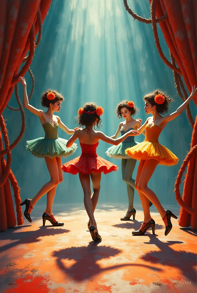 oil painting on canvas, surreal image, 5 women with slender legs, in 1825 cabaret costumes dancing the cancan, on stage, high detail, high resolution, Surrealism, inspired by (Pavel Kuczynski:1.345), (Varus Means:1.225), (Peter Mohrbacher:1.215) , (Yves Tanguy:1.345), On the surface of the sea, dance