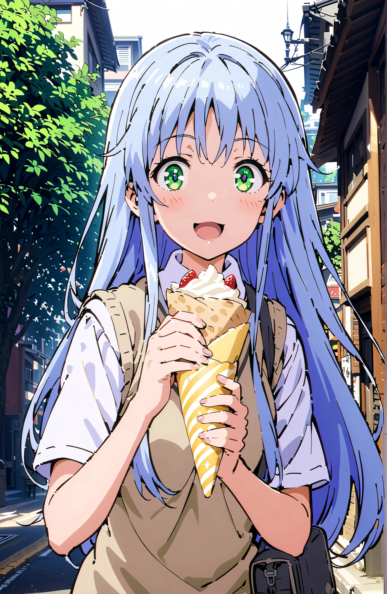 score_9, score_8_up, score_7_up, source_anime, Prohibited bibliography, green eyes,blue hair, long hair, skirt for ears, shirt, uniform, white shirt, Short sleeve, pleated skirt for ears, grey skirt for ears, sweater vest, tokiwadai uniform,white loose socks,Holding a crepe with one hand,eating crepe,smile,blush,open your mouth,loafers,school bag,walking, Beautiful Streetscapes,full bodyがIllustrationsに入るように,in their 40s outdoors, residential area,
in their 40s looking at viewer,full body,
in their 40s looking at viewer,
in their 40s (masterpiece:1.2), Highest Quality, high resolution, Unity 8k 壁紙, (Illustrations:0.8), (beautiful detailed eyes:1.6), very detailed face, perfect lighting on the table, extremely detailed CG, (perfect hand, Perfect Anatomy),