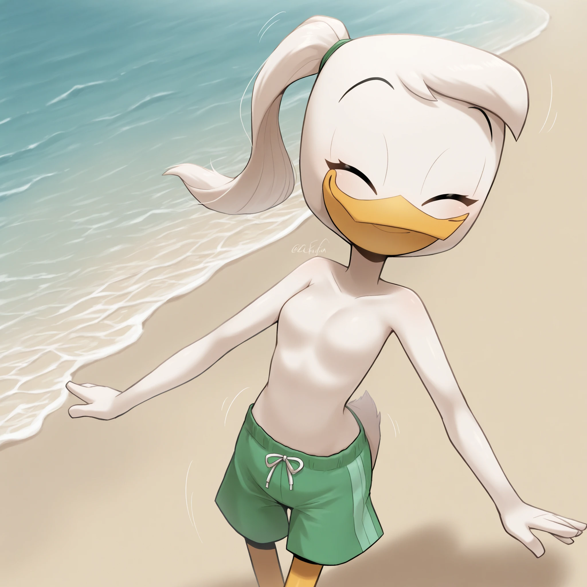 photorealism, adult female duck, Jade Duck, detailed background, outside, eyeshadow, cartoon duck beak, long front white hair, cartoon, (flat round chested 1.6), (orange legs: 1.5), smiling, happy, ducktales 2017, mouth closed, cartoon webbed feet, solo 1.2, (mouth closed), cartoon webbed feet
wear skinny green shorts, intricate, detailed, wears green cap hat backwards, (posing at beach), (sitting while showing her torso)
Eyes closed, detailed, intricate, (detailed long skinny torso 2.0),
Best quality, (detailed white skin:1.6), (looking at the, 8k hd, (soft cinematic light:1.1) ,