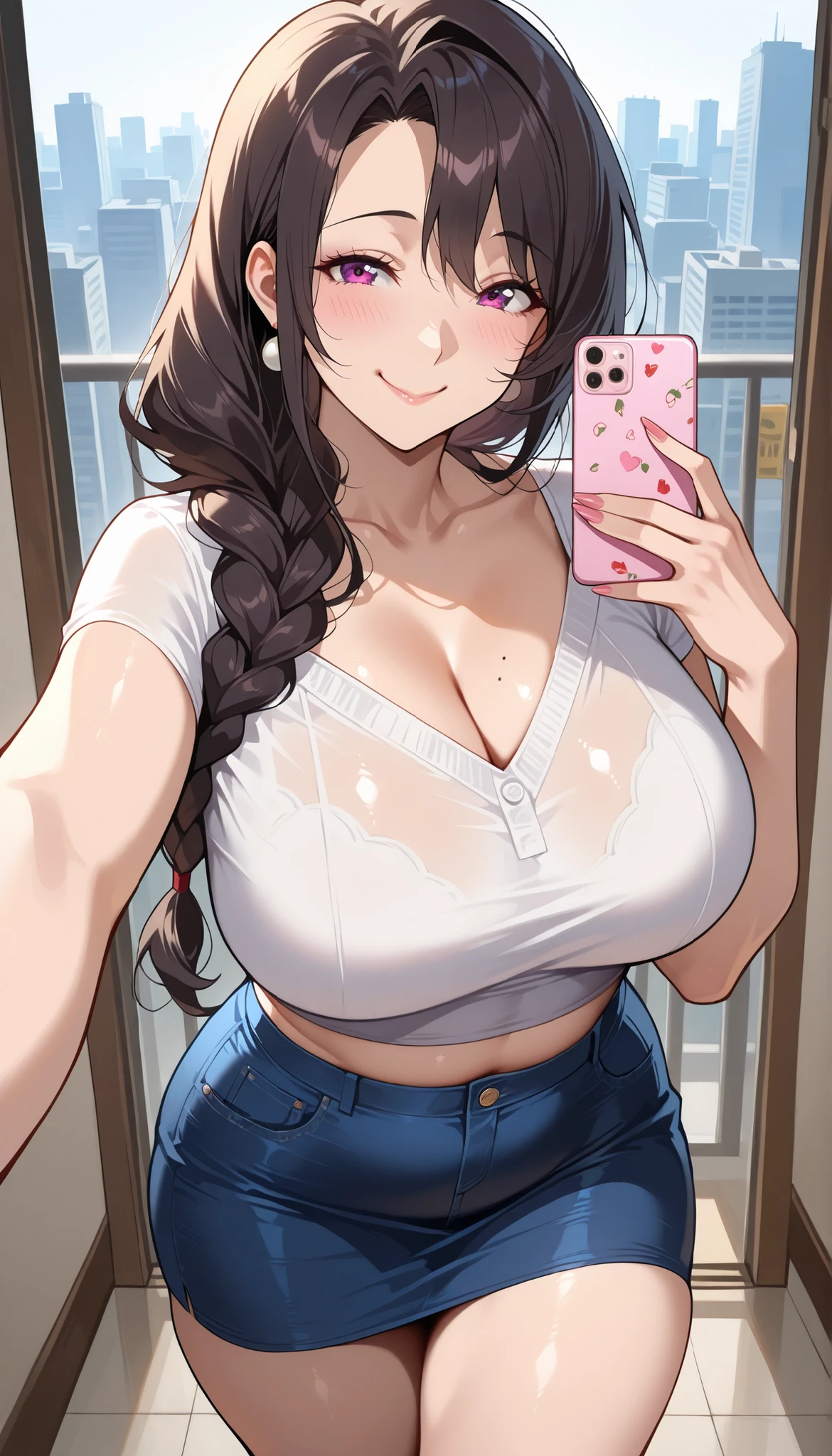 anime, 28 year old woman, taking a selfie, mischievous smile, long hair, dark hair color, stylish hairstyle, side hair long lush hair, long curls of hair pulled to the sides, Braids within the hair, curvy body, proportional body, sexy girl, beautiful mature girl, lovable character, crop top, short skirt, clarity, detailed, detailed face, very detailed drawing, smile, flirty look, city background, saturated background, perfect composition, soft natural volumetric cinematic perfect light, masterpiece