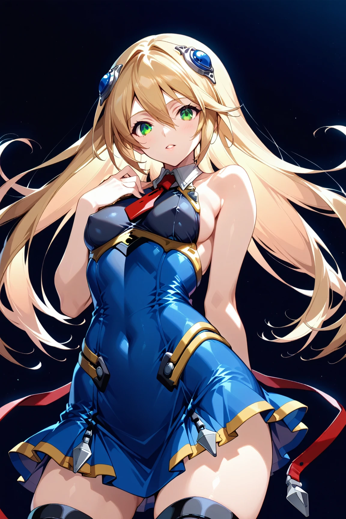 Masterpiece, Best Quality, Detail, A beautiful superheroine small breasts long blonde hair blue eyes she fights against a robot