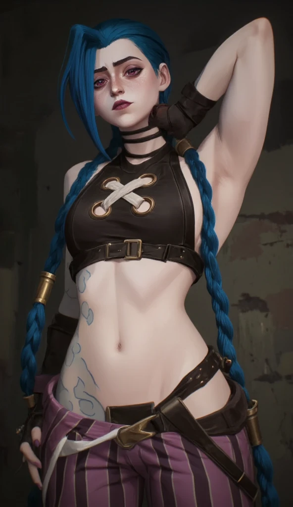 Jinx,short- sleeved,take up close,cute-style,Leather clothes,short- sleeved,Comic cover style,Comic title,tmasterpiece, High- sharpness, high high quality, 详细的脸, detailed body render