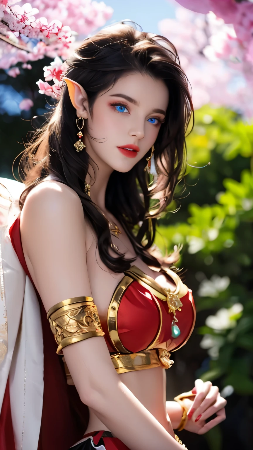 One 20 year old girl, (breast :1.1), navel,upper body,bare shoulders,wears red tube top,red skirt, blue gems,shiny skin,hand in own hair,(mature female),milf, beautiful cai lin, deep blue eyes, detailed eyes, jet black long hair, face symmetry, eye symmetry,8k resolution, high quality. background: around the garden surrounded by Sakura trees with fluttering sakura petals,
Image from head to thighs, hourglass figure, bare round shoulders, exposed midriff, a tilak on her forehead,ornamental logo on her forehead, snake crown, necklace, earings with blue gem, long black hair bangs, pointy ears,golden bracelets,Bright lightening under the sun through sakura canopy. High quality 16k resolution,( HDR :1.3), cinematic look, ultra-detailed,ultra lightening, natural lightening,(photorealistic :1.4), long thin straight eyelashes, dense black eyelashes,sharp eyes, diamond shaped head, straight nose, closed heart shaped lips, front view pose looking at viewer, sexy, (intricate details: 1.1), (masterpiece: 1.3), holding her