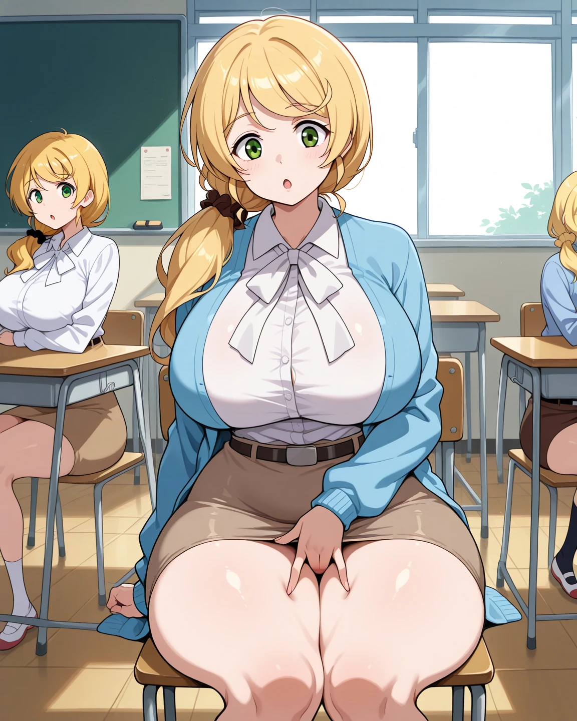 (completely naked), ((breasts visible)), ((nipple exposed)), ((blush)), ((two arms only)),(milf teacher teaching a class),whiteboard,purple hair student,((classroom filled with students)),writing on whiteboard,((multiple girls),blonde milf teacher,big ass