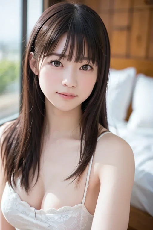 (Best-quality, Masterpiece, Ultra-High-Resolution, (Photorealistic:1.4), Raw Photo, depth of field, professional lighting, perfect anatomy, extremely details), (lying on bed), 1girl, 15-years-old, the most famous Japanese idol, (wearing gorgeous-lacy underwear with gorgeous-design), looking at viewer, innocent smile, ((extremely cute realistic-face like the most popular Japanese idol, ((extremely cute and extremely big realistic-eyes)), extremely beautiful and extremely realistic hair)), (((extremely beautiful and extremely realistic skins))), extremely cute and extremely realistic long-eyelashes, extremely cute and extremely realistic lips, extremely cute body, detailed gorgeous-lacy-underwear-with-gorgeous-design