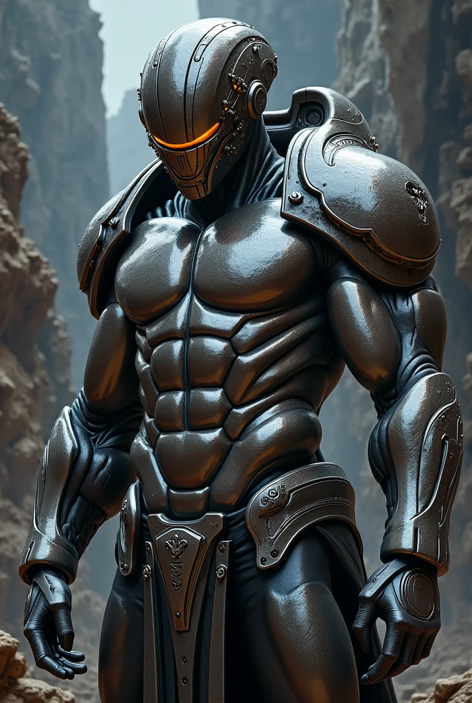 A man made of metal,droid,male people,Huge muscular pectoral muscles,Broad shoulders,Huge crotch bulge,Shirtless,Thigh-to-toe unobstructed,Barefoot,Sit at the tool table,Open your legs,Superb detail for the audience,ultra - detailed,High picture quality,High- sharpness,tmasterpiece,8K,full bodyesbian,in a panoramic view。