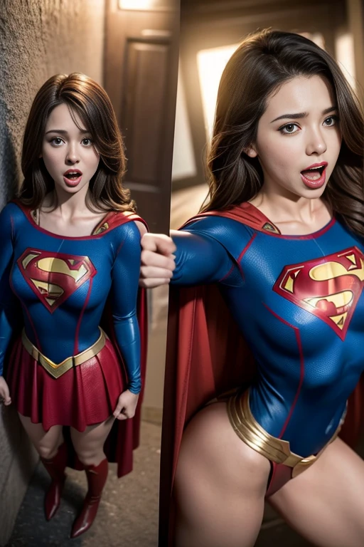 (8k、Highest quality、masterpiece:1.2)、(Realism、Photorealistic:1.37)、Ultra high definition、(Highest quality)、(masterpiece)、Two Supergirls、Two beautiful girls、(Perfect Body、Perfect fit、Perfect Thighs)、(((Wearing the Supergirl suit、skirt、Damaged、Torn、Ripped clothes、Bare thighs、 Exposed arms、Cleavage、Beautiful breasts)))、cold々Funny face、Straight Hair、Showing lips。(((Tattered clothes、Too much exposure、Torn clothes、引き裂かれたskirt、ボロボロのskirt)))、(((The background is a prison、Hands clasped behind head、Surrounded by tentacles、The body is connected by many tentacles.,、Hands bound by tentacles、The legs are tied with tentacles、Tentacles groping the whole body、Lie on your back on the ground、Lie on your back))),(Open your mouth、Scream、painでうめき声をあげる, painを感じ, Flowing Tears:1.5), pain, I&#39;m in pain and crying、A meat stick is stuck in his crotch、