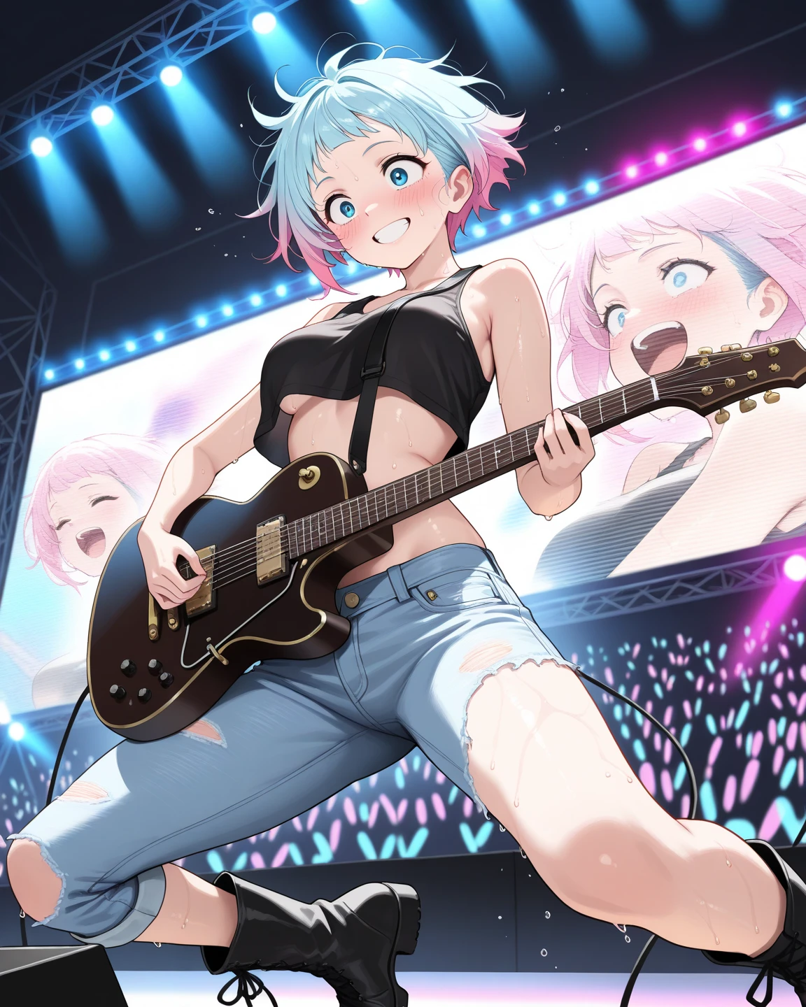 girl,play Japanese drums,on stage,Festival Venue,The costume is a white sleeveless T-shirt..,Blue shorts,hachimaki,The stage is red and white striped,audience,Thighs,,Summer day,Outdoor Stage,stand,Hold the hem with your hand,Peeing,Peeing,Seen by everyone,Emphasis on embarrassment,Spilling water from the crotch、blush
