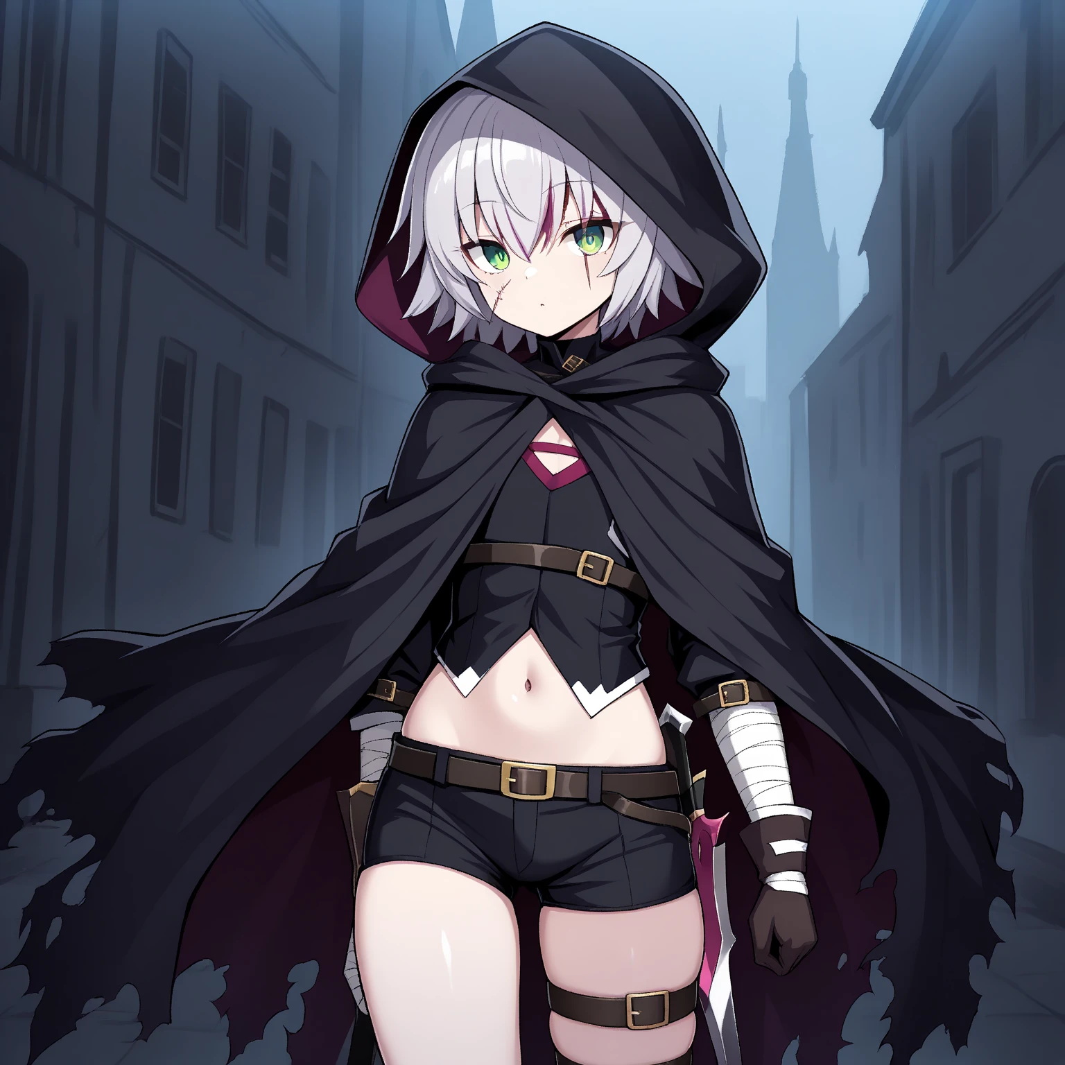 (((1 Woman with a hood covering her face and a mask, with a black cloak covering her body)), black hair, pink eyes, bare and protruding breasts and small, standing in a tight alley at night