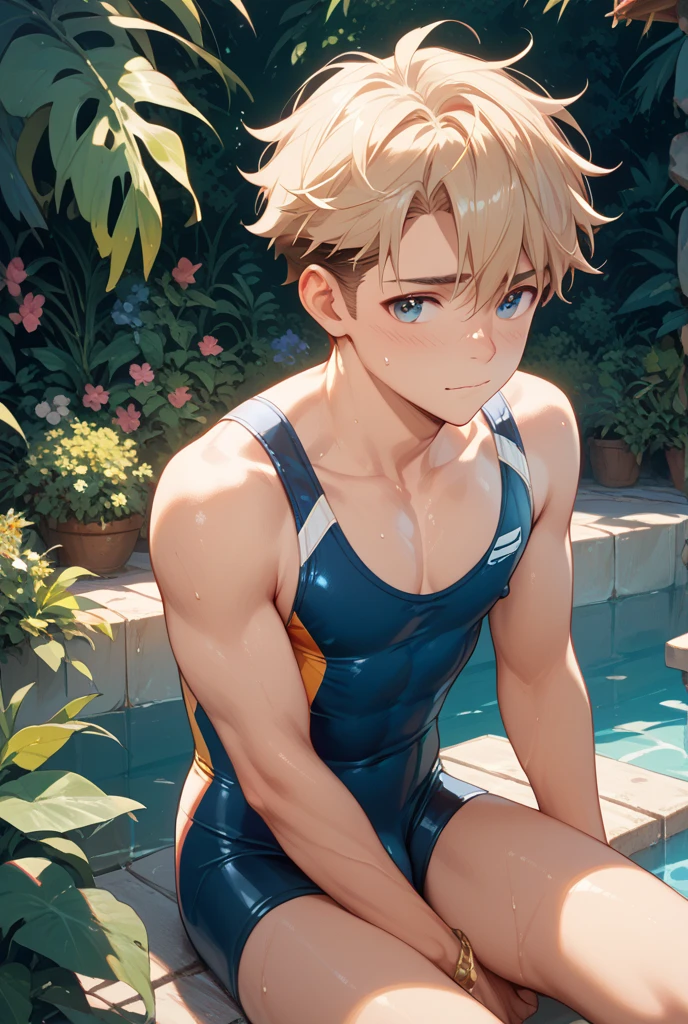 Anime boy lying on a blue mat with legs crossed, Blonde boy with short knots, Blue-eyed boy, Boy in swimsuit, In a one-piece swimsuit, School swim wear, garments:High-cut swimwear, Cool anime boy in blue tanksuit, elegant floating pose, dramatic floating pose, a-1 pictures, highleg, anime pose, (Anime Boy), Wearing swimwear, Swimsuit, Bare shoulders, bare legs,