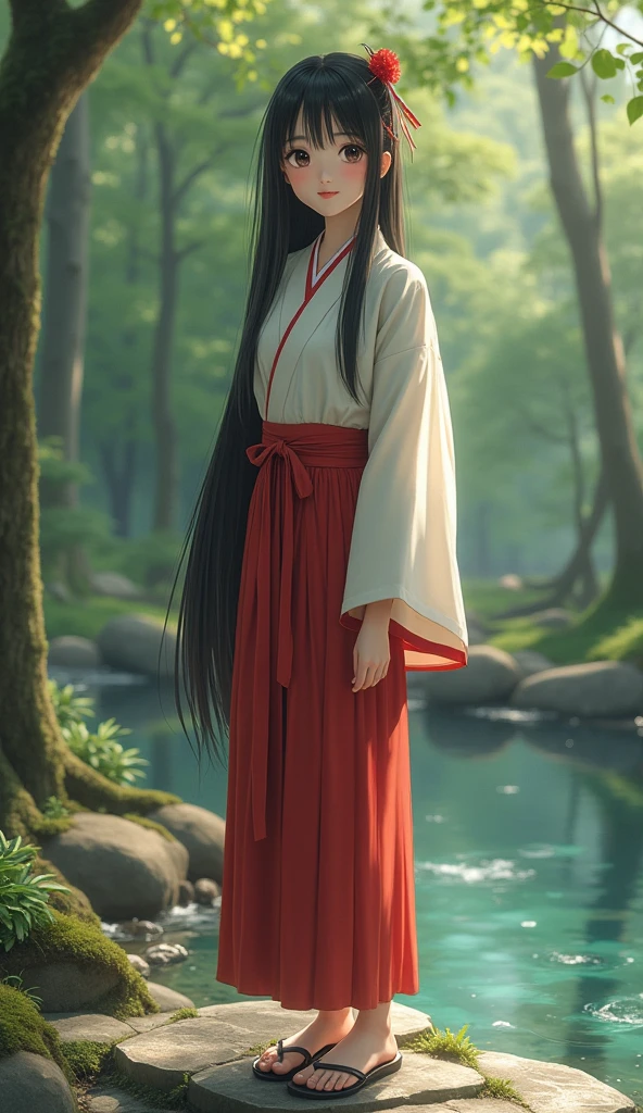 A REAL Oriental Japanese girl with 18 years old with lush beyond floor length black hair and see her "whole" thin body wearing thick lambswool traditional Wafuku standing next to a hot spring inside the forest, must see her whole body. The scenario of forest shows spring view. This graph MUST see girl's "whole thin body", including  expression like smile, black eye, nose, hands, legs, wearing thick lambswool traditional Wafuku, chest, buttock, with beyond floor length black hair, legs and shoes and whole thin bodies. REAL girl must has "thin body, legs, foot, "LUSH BEYOND FLOOR length hair and face with humanity smile and body" with streamline. Show her front side with happy smile and lush beyond floor length black hair. 