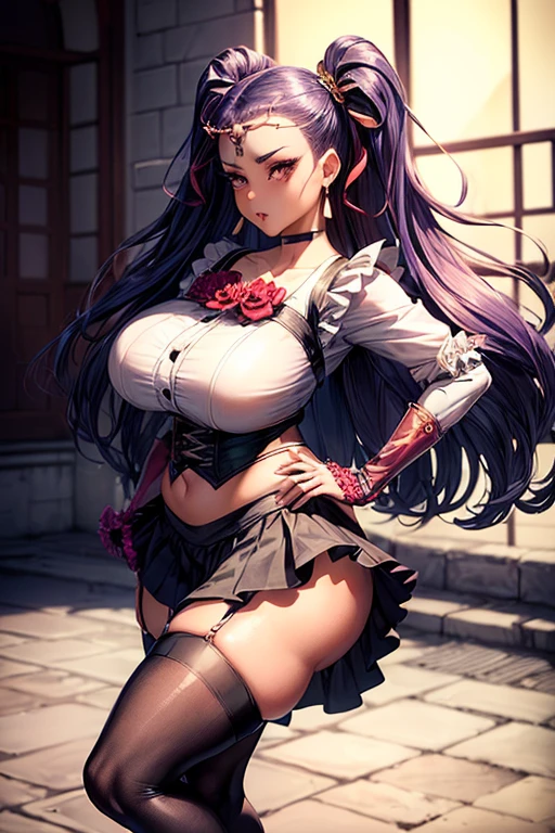 (Ashenhardt style:1.4), Masterpiece, Best quality, High quality,(Red eyes,Dark red glow), (In profile), abstraction, abyssal, Award-winning photography, Depth of field, hdr, Very detailed, trending in the art station, Trends in CG society, complex, High detail,(Masterpiece: 1.2, Highest quality), (BEST lighting, Very delicate and beautiful), (BEST lighting, Very delicate and beautiful), (Beautiful detailed face), (Detailed eyes and detailed face:1.2),fantasy, (young girl, 1girll, Solo, Crazy smile, Striped hair,Ultra-fine gradient hair,Pale skin,G cup,cleavage,19 piercings,((Tattoos all over the body,Tribal tattoos all over the legs)) White hair, Glowing red eyes, Dynamic Angle, Vampire), ((Graffiti mural wall background: 1.15), (Stand on a crossword puzzle in a narrow street: 1.2) Artistic painting on the ground, Artistic painting on the ground, spiky_hor ears, poison fangs, Blood on the face, Blood rain, Blood fog, (Depth of field),High contrast,(blood splattere: 1.4),Cowboy shot,full body, colorful poses,((uniform,Blazer, ruffled mini skirt,Light colored panties:1)),panties are visible,Cowboy shot,