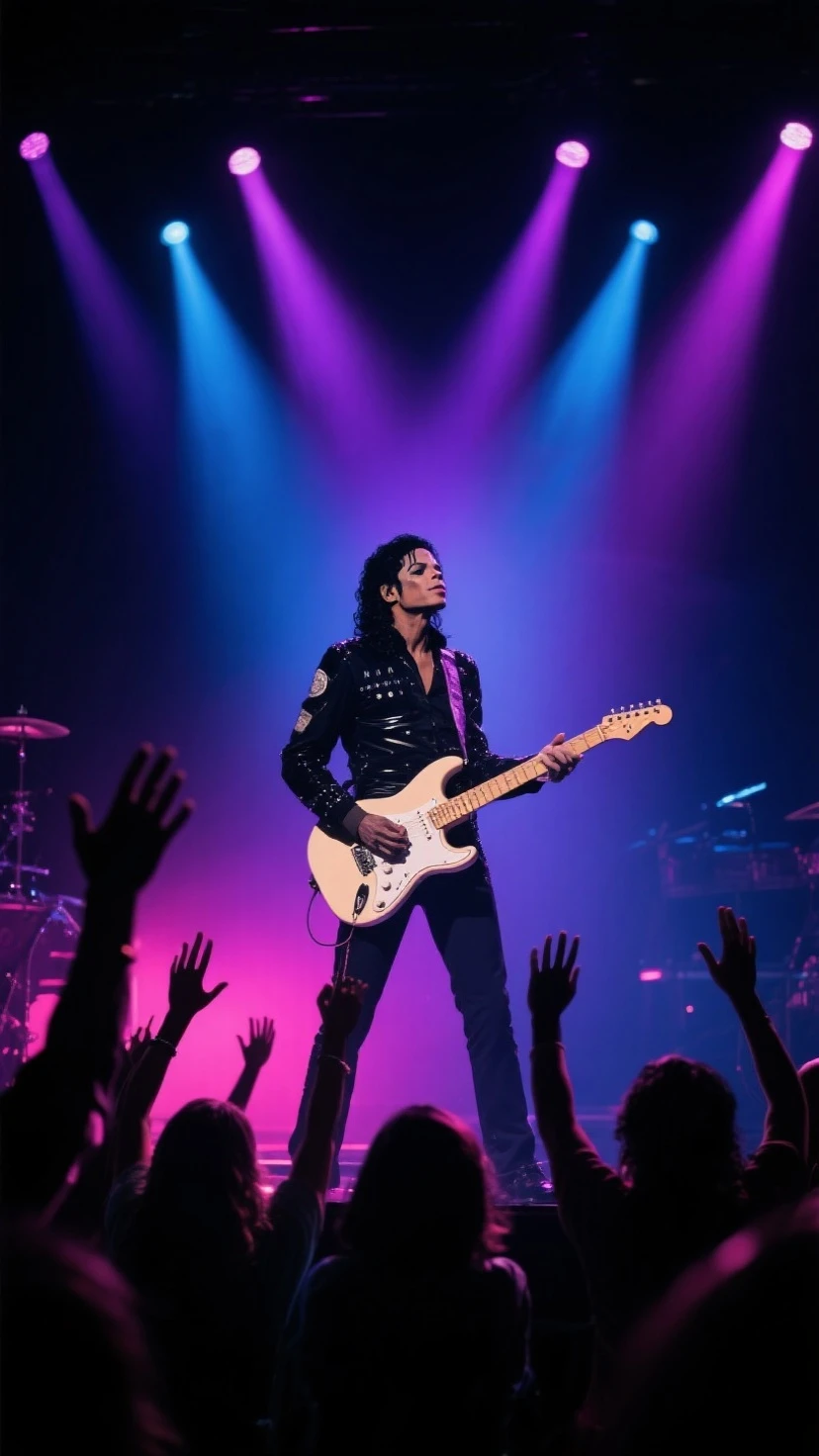 Michael Jackson with an electric guitar is standing on stage, around fans with their hands up. The scale is dark with purple, blue and pink spotlights.