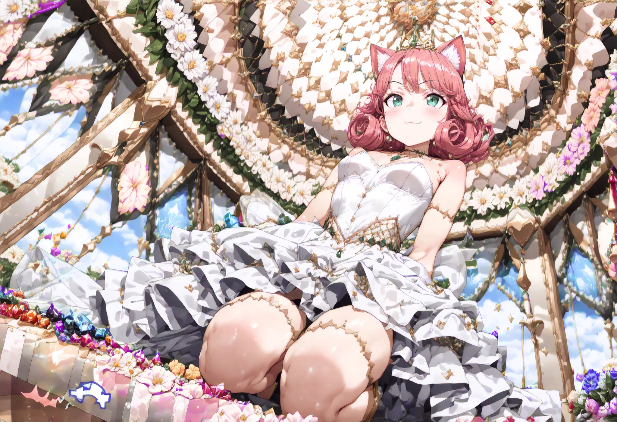 ((best quality)), ((masterpiece)), (detailed), perfect face, ((Best quality, 8k, Masterpiece: 1.3)), Sharp focus A beautiful woman with perfect body, Slim abdomen, gorgeous, dazzling, elegant, showy, Blooming flowers, twinkling stars, Low angle, cat ears, Expensive dress, Noble clothing, jewels (emeralds, diamonds, sapphires), Curly Hair, kneeling