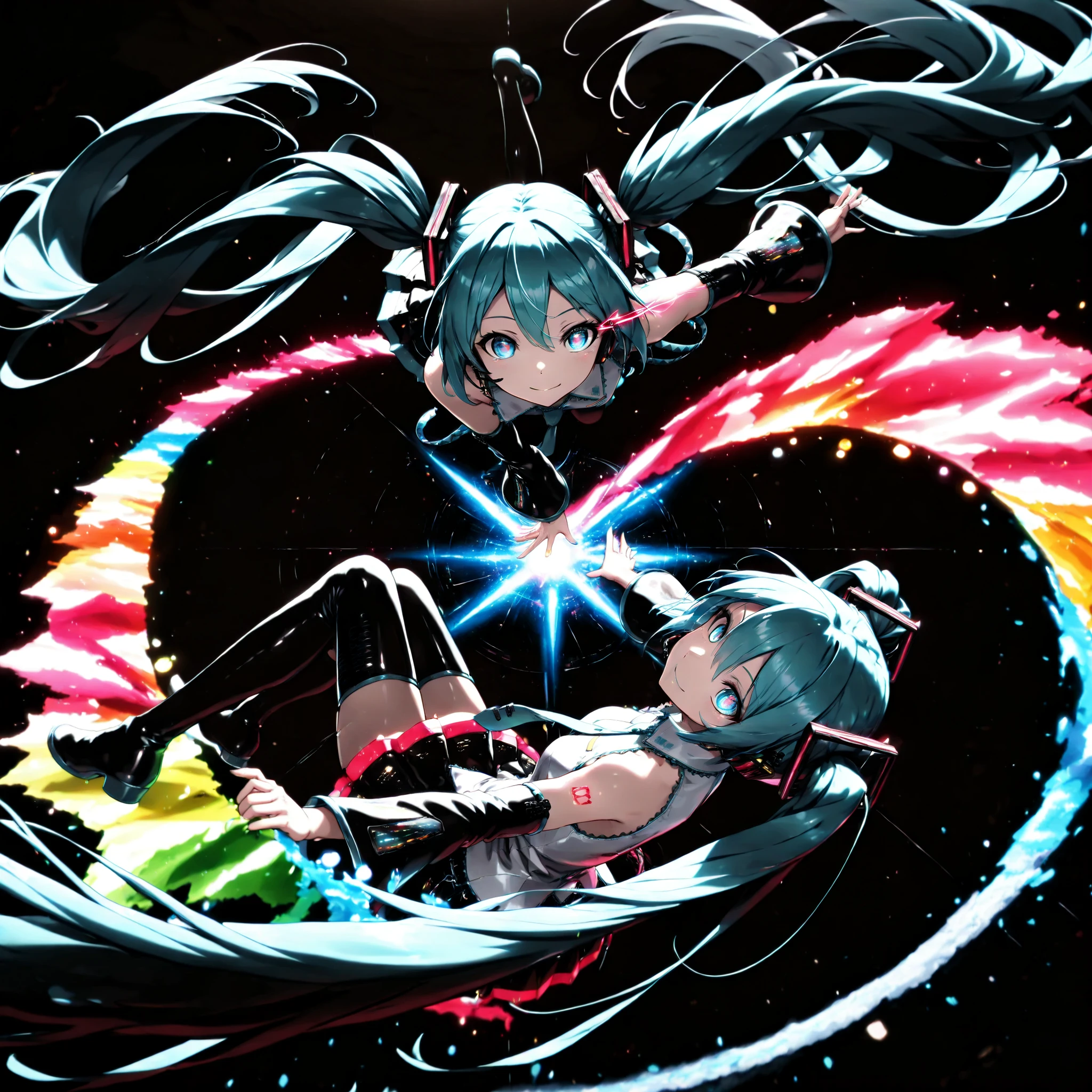 Hatsune Miku, colorful , neonライト, eye trail:1.4, Full Body Map, Rotational Symmetry, lively, black background, Glowing Contours, neon, Black Light, watching viewers, Virtual Idol, ultra high resolution, RAW PHOTO, (Highest Quality:1.2, CG illustration, masterpiece:1.2, Best Aesthetics),
