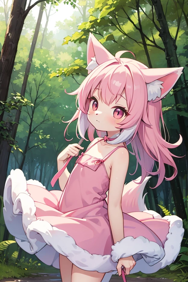 Transformation anime style,dark fantasy background,
cowboy shooting,
(hairy female, Furry cat girl:1.3),Pink animal ears,pink eyes,(cat tail:1.3),hand,leg,
Ji cut bangs,messy hair,light pink hair,ahog,
a pink and white dress,Big ,navel,大leg,((Panting、Wheezing))、twitch、(((squirt)),(posture)