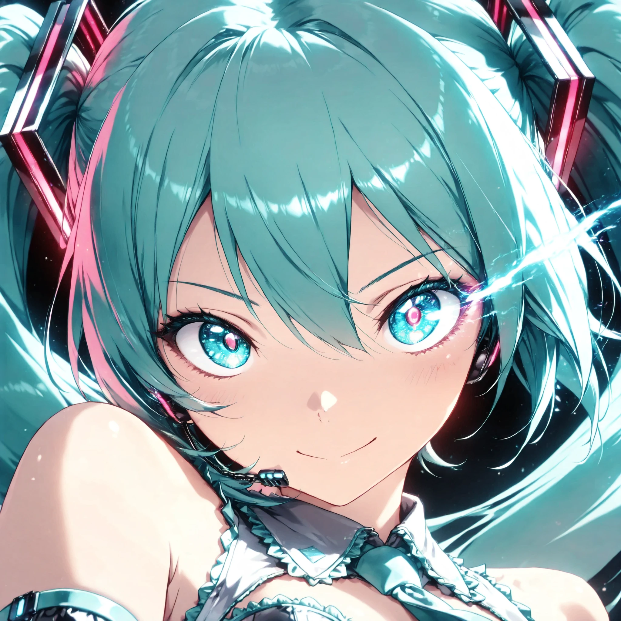 Hatsune Miku, colorful , neonライト, eye trail:1.4, bust shot,face close-up, Live Stage, lively, black background, Glowing Contours, neon, Black Light, watching viewers, Virtual Idol, ultra high resolution, RAW PHOTO, (Highest Quality:1.2, CG illustration, masterpiece:1.2, Best Aesthetics),