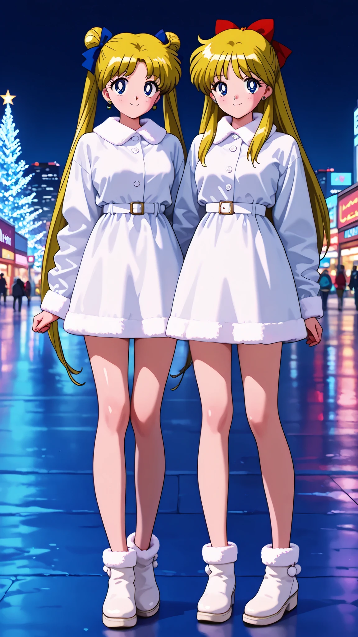 masterpiece, amazing quality, best quality, ultra-detailed, 8K, illustration, clear skin, ultra-detailed-eyes, soft skin, very awa, very as2, shiny skin, shiny hair, soft body, 90's style, official art, twin sisters,two girls,full body front,slim body,very long legs,usagi tsukino, blonde hair, blue eyes, double bun, hair bun, long hair, twintails, parted bangs and minako aino, blonde hair, blue eyes, hair bow, half updo, long hair. Drop earrings,winter dress,white footwear,fur-trimmed winter shoes,no socks,no stockings,solo,standing,looking at viewer,fashion photography,christmas city,night, smile