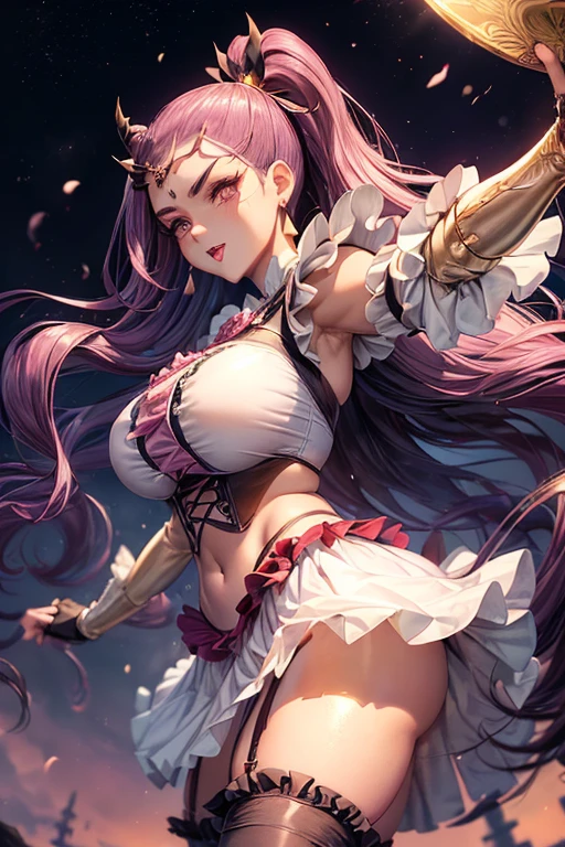 masterpiece, best quality, absurdres, perfect anatomy, (((front views))), MoriBase, white long hair, veil, hair ornament, red japan dress, bare shoulder, white skirt, black geta, (((ping up the skirt、Show pant(((Flip up thert yourself))) , (blush of the nose)、Undress((((Flip the skirt) (((Purple panties visible thre skirt))), single black thighhigh, detached sleeves, see-through sleeve, mouse close, outdoors, open field