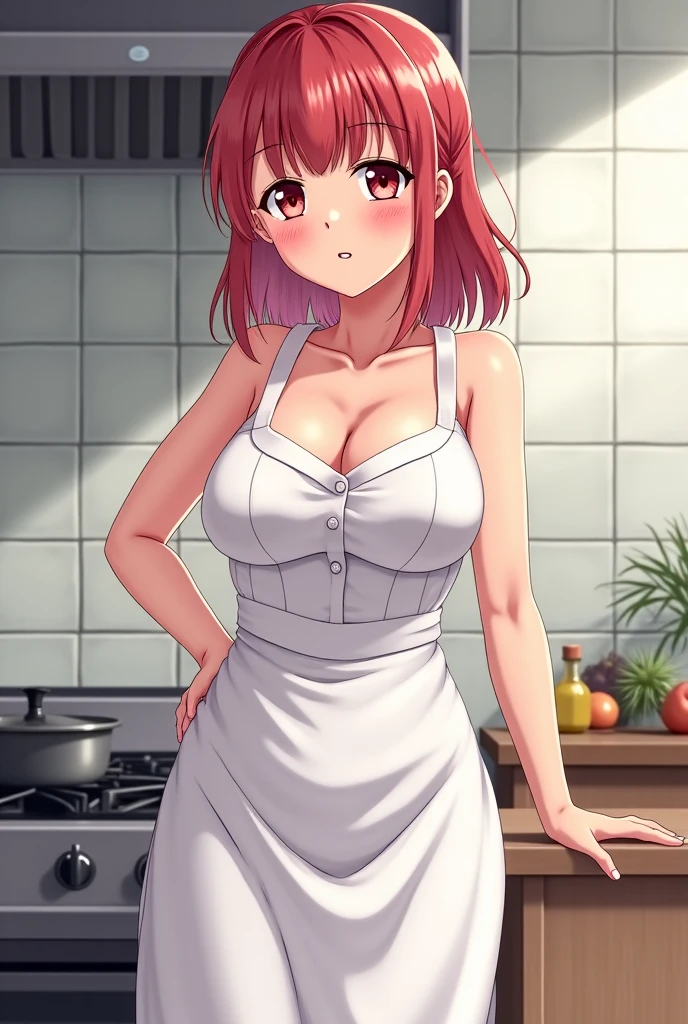 Best quality:1.3), large breasts, rounded breasts, shining breasts, naked, apron, cleavage,  standing, kitchen background, blushing:1.2, (see-though apron:1.2), niloudef,
