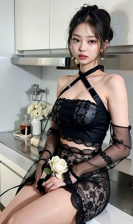 there is a woman sitting on a counter with a rose in her hand, with pale skin, pale goth beauty, young beautiful amouranth, sexy look, lacey, very sexy outfit, sensual gloomy style, very beautiful goth top model, wearing sexy lingerie, kylie jenner, 1 7 - year - old goth girl, sexy outfit, sexy dress, pale fair skin!!