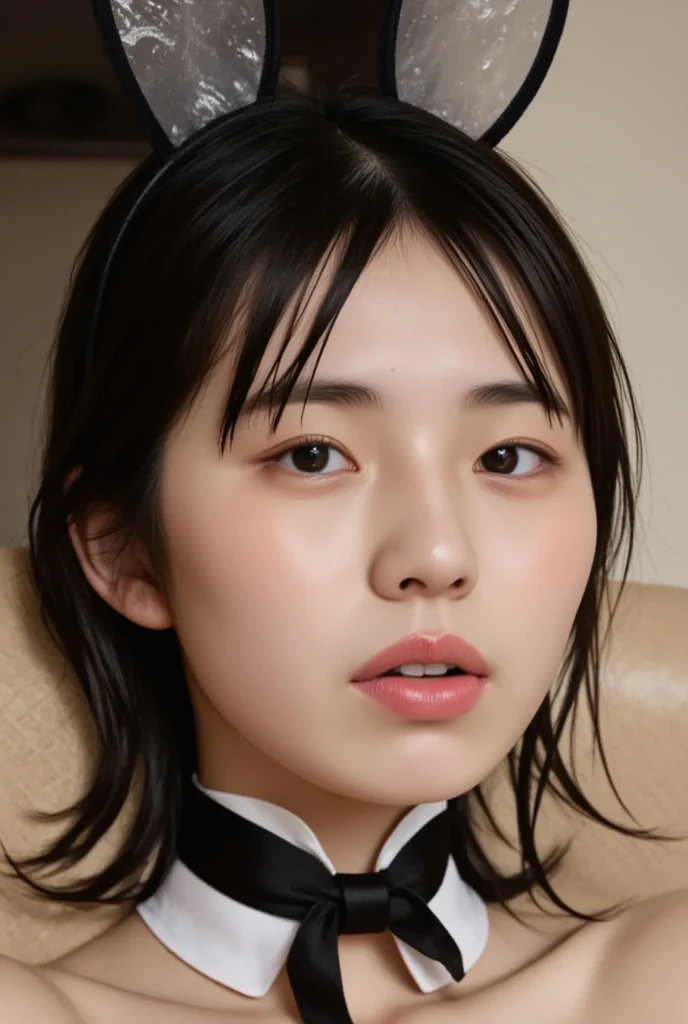 彼女teeth足を広げて私を誘惑している、lightly opening her mouth and sticking out her tongue,片方の手teeth口の前に、Detailed depiction of an Asian woman , is pale  ,  Graceful personality   ,  It is emphasized that .  表情豊かな目teeth 、 Full of innocence and mystery、 has increased softness  ,   teeth、adds purity and kindness to her expression   .  彼女の美学teeth  ,  私teeth呼吸しています、 wet skin、 wet hair、water drops、Big Breasts：1.5、  Highlights Cleavage 、can see the shape of the nipple、  emphasizes light  . Sasan's work  .  彼女の表情teeth優しく、It's a bit listless   , quiet, Introspective mood,  background gently envelops her delicate face  , 。 cool color 、 裸の上にquiet雰囲気を作る , enhances softness and is full of innocence and mystery  、  Your delicate features and gentle gaze stand out   .  erotic atmosphere、nsfw， adult entertainment facilities 、 Cabaret Club、Sheer black bodysuit, black bunny ear headband, white collar, black bow tie, fishnet tights,  black heels ,transparent ear cover、